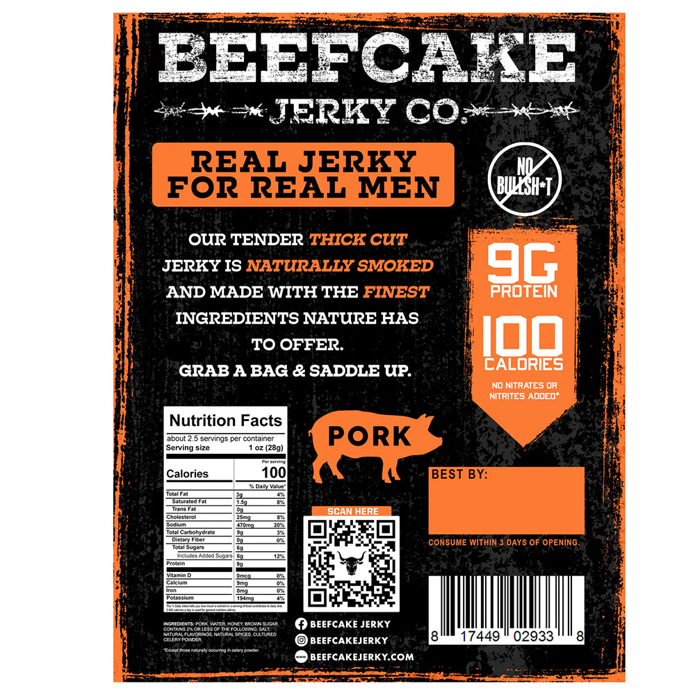 Beefcake Jerky Co Pork Smokehouse BBQ Jerky 2.7 Oz 100 Calories BC008