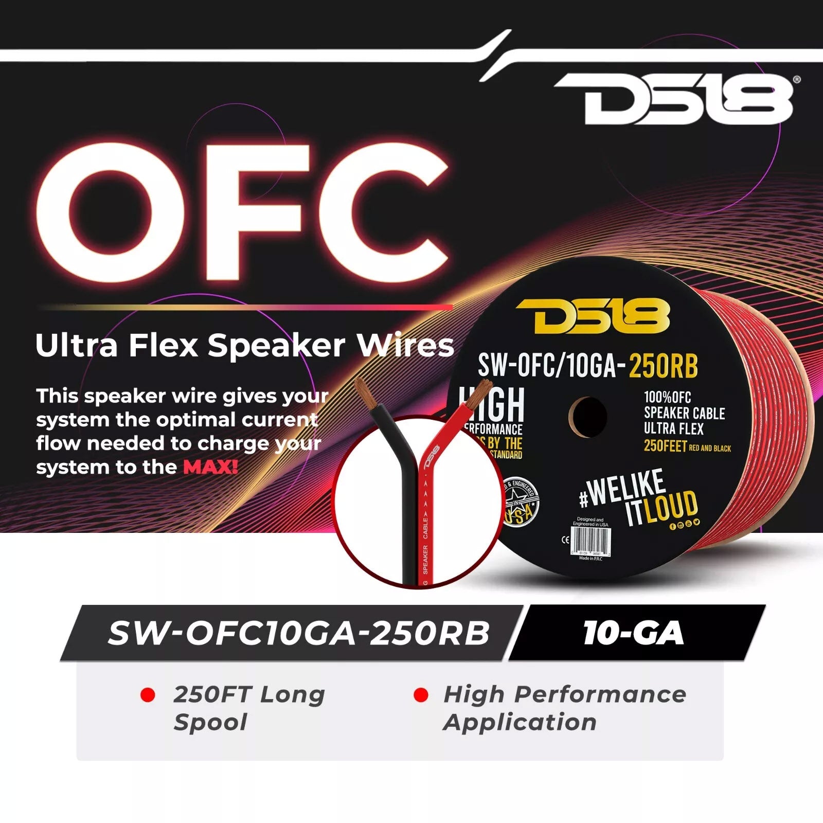 DS18 10 Gauge Speaker WIre OFC 100% Copper 250 Ft Spool Red Black SW-OFC10GA
