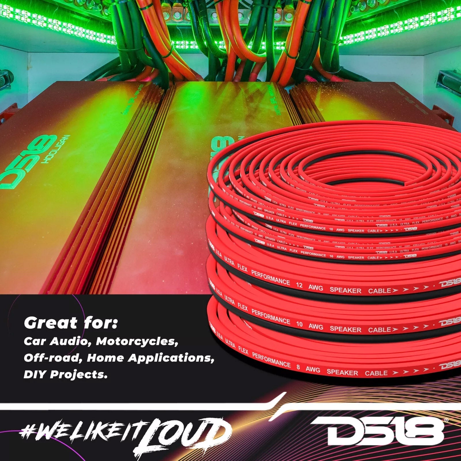 DS18 10 Gauge Speaker WIre OFC 100% Copper 250 Ft Spool Red Black SW-OFC10GA