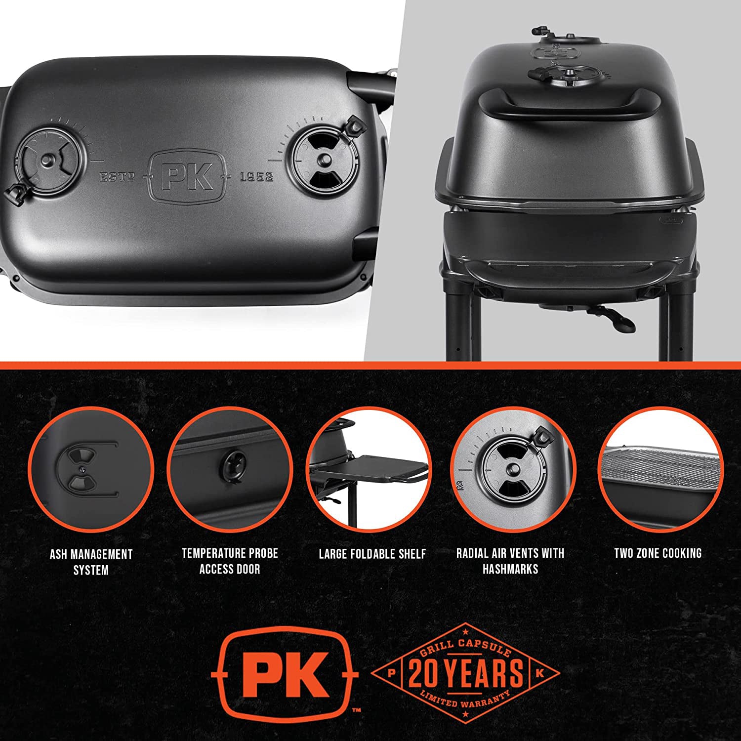 Portable Kitchens PK300-BCX Charcoal Grill & Smoker Graphite & Black