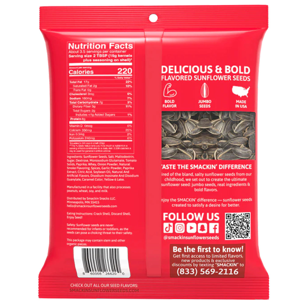 SMACKIN' Backyard BBQ Sunflower Seeds 4oz Keto American Made Low Sodium