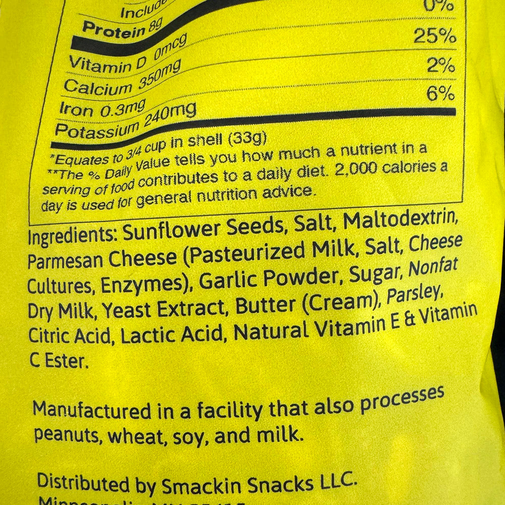 SMACKIN' Garlic Parmesan Sunflower Seeds 4oz Keto American Made Low Sodium
