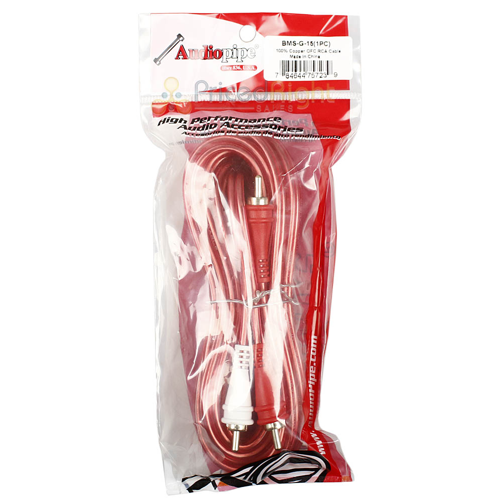 15ft RCA Cable Male to Male Audio Output Car Home Cable OFC Audiopipe BMS-G-15
