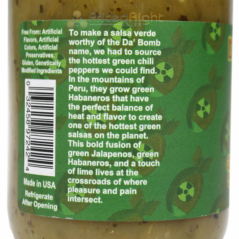 Da Bomb Green Habanero Extremely Hot Verde Salsa Gluten-Free Vegan 15.5 oz.