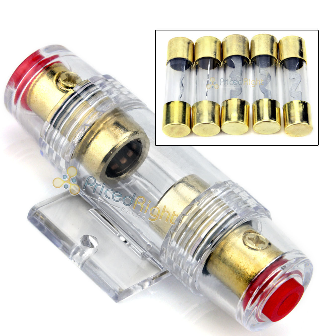 High Quality Gold In-line 4 or 8 Gauge AGU Fuse Holder + 5 Pack 60 AMP AGU Fuses
