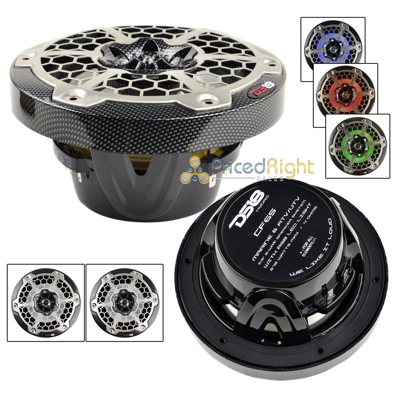 6.5" Marine Speakers 2 Way RGB LED Light 375 Watts Max Pack DS18 CF65 ATV UTV