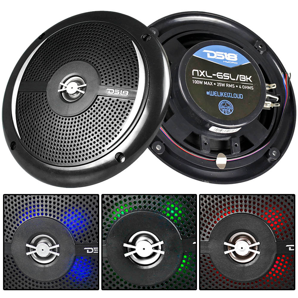 DS18 Hydro 6.5" Speakers 2 Way Marine Slim LED 100 Watts Max 4 Ohm NXL-6SL/BK