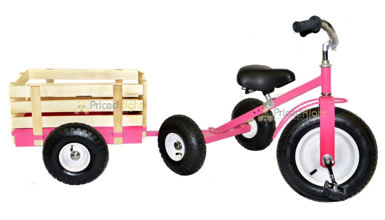 Pink Tricycle with Wagon Set Pull Along Trike Toy Outdoors Kids Exercise Valley