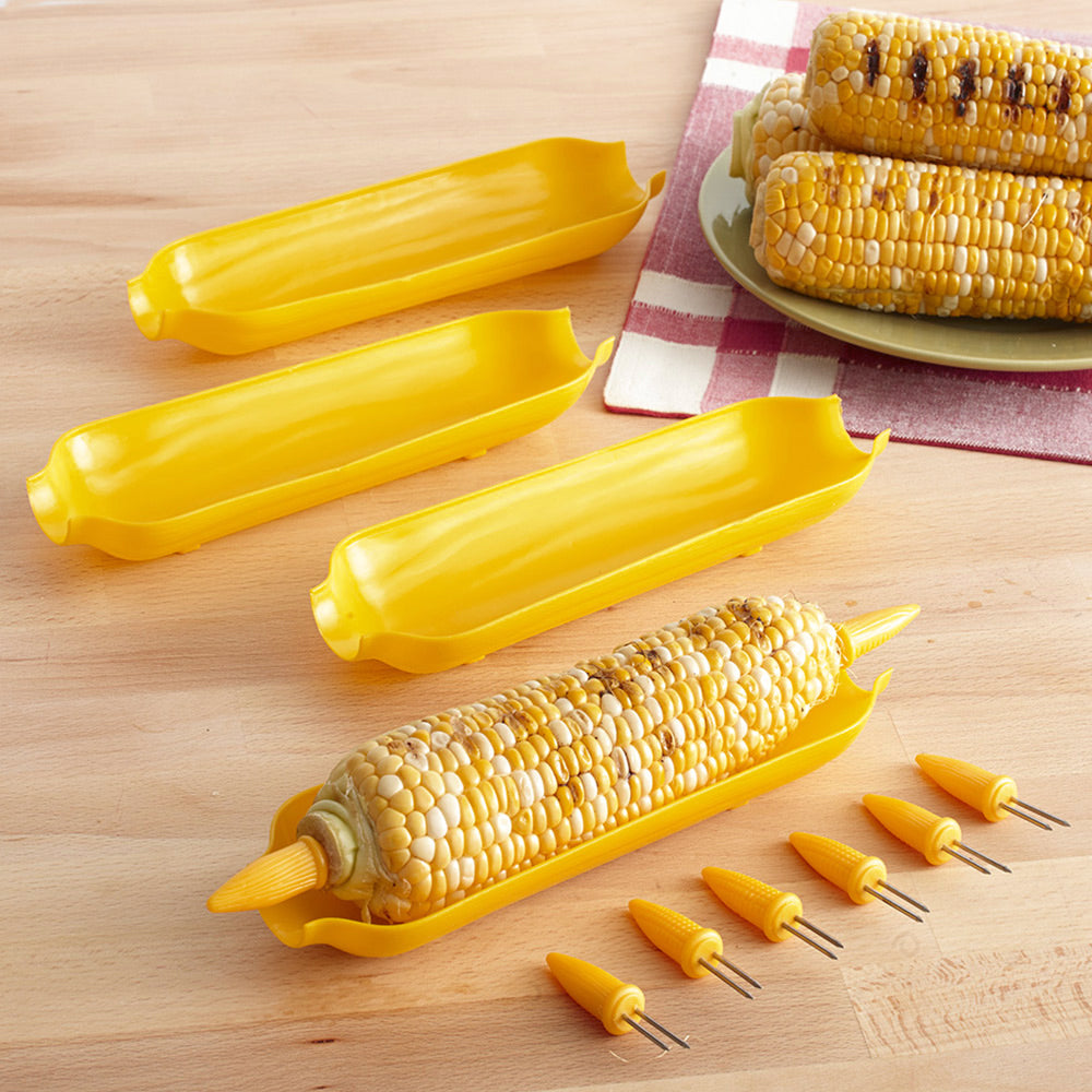 Mr Bar-B-Q Corn On The Cob Serving Set Four Boats Eight Skewers Plastic Yellow