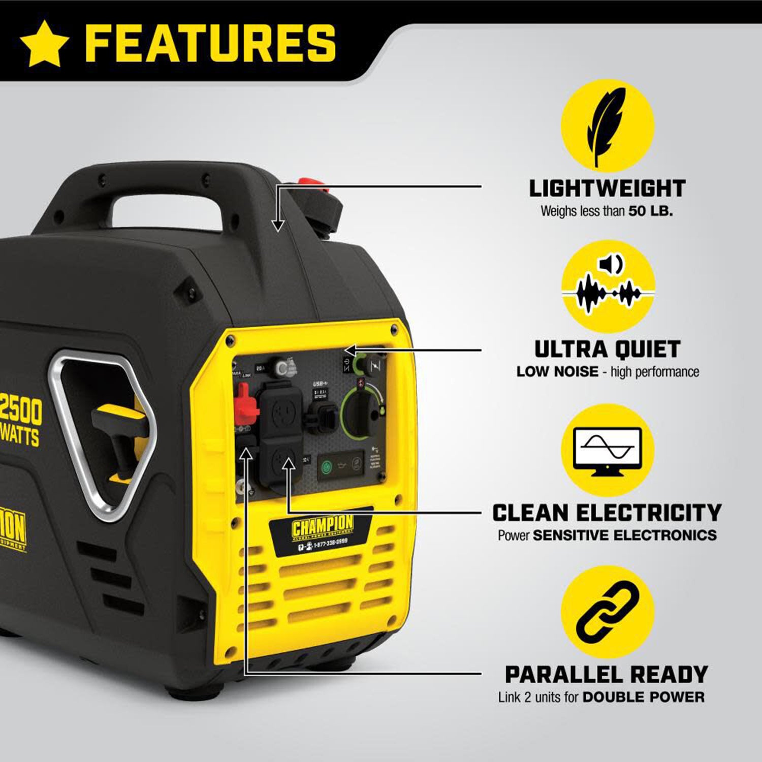 Champion 2500 Watt Lightweight Portable Gas Inverter Generator Quiet Technology