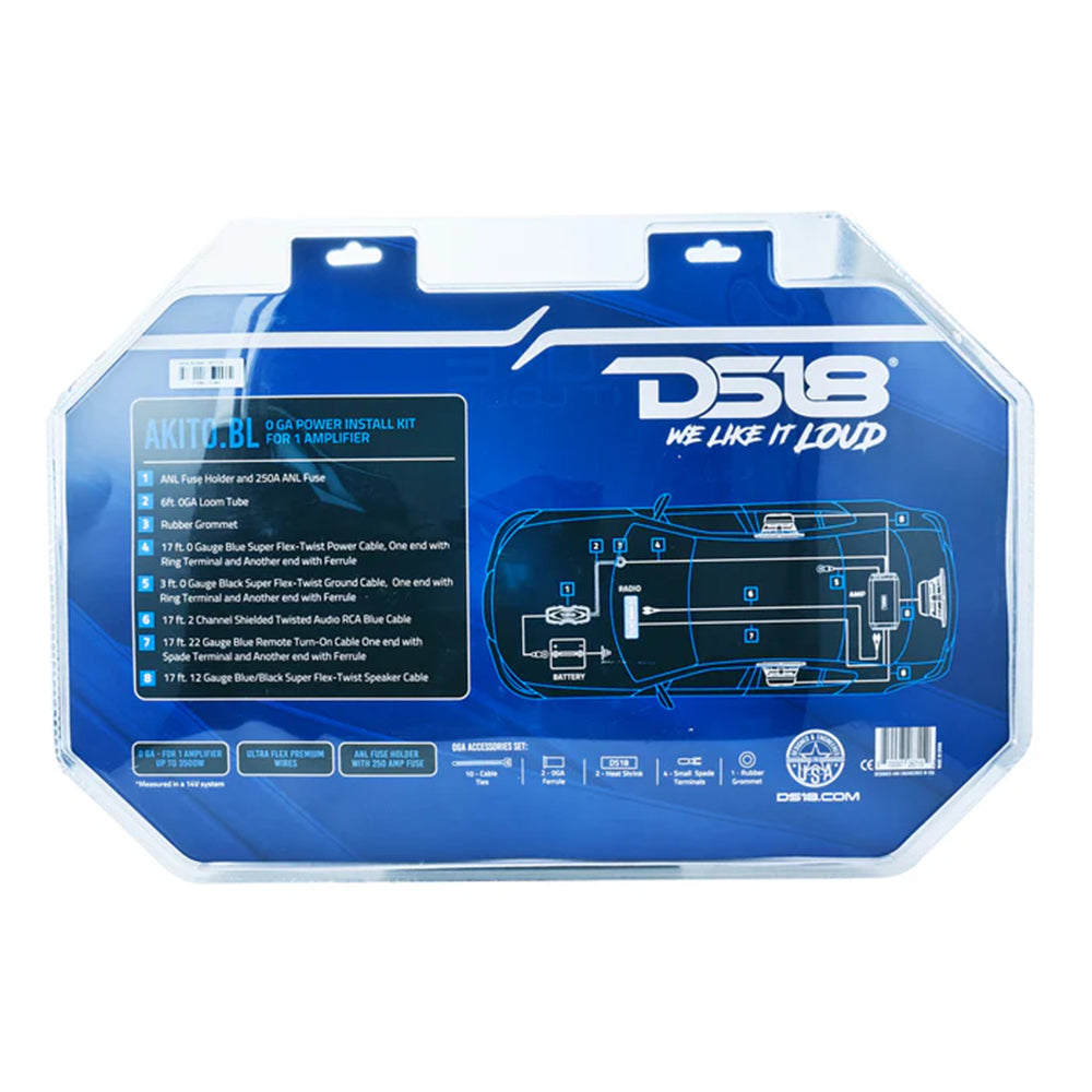 DS18 Amplifier Wiring Installation Kit 0 Gauge CCA 3500W RMS Blue AKIT0.BL