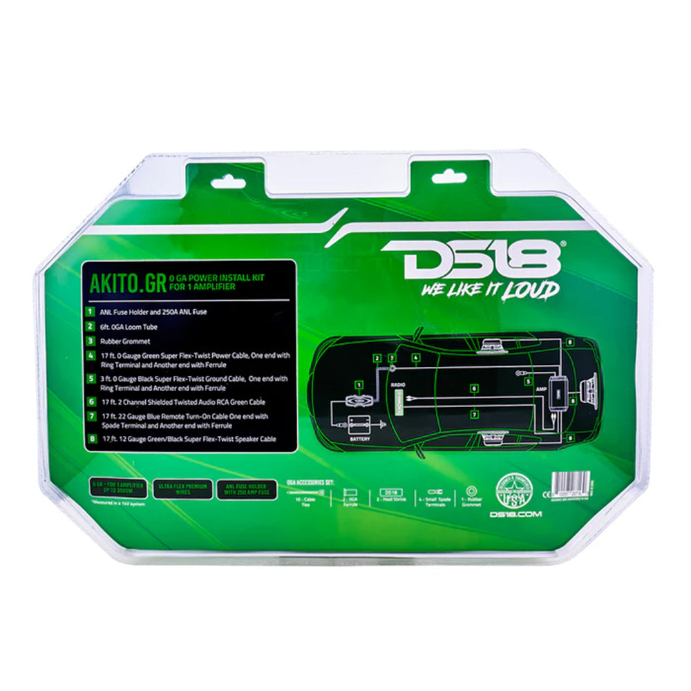 DS18 Amplifier Wiring Installation Kit 0 Gauge CCA 3500W RMS Green AKIT0.GR
