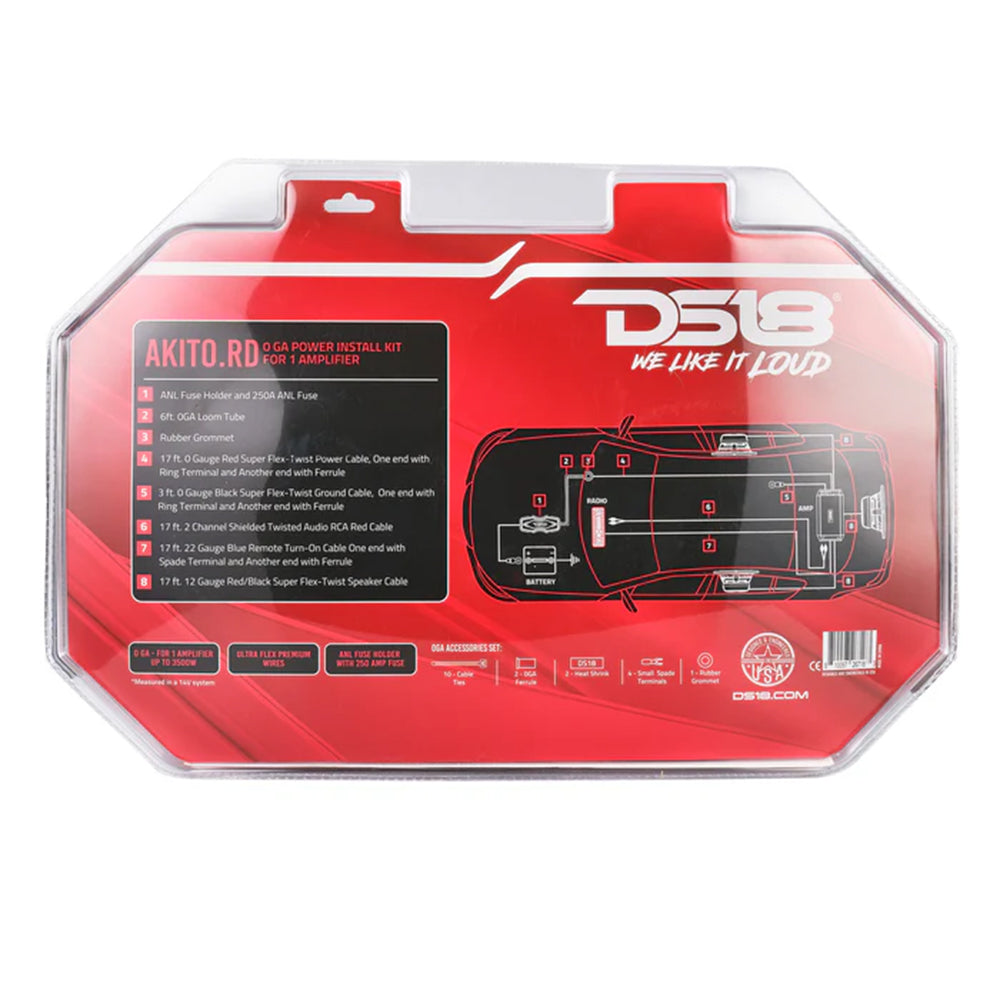 DS18 Amplifier Wiring Installation Kit 0 Gauge CCA 3500W RMS Red AKIT0.RD