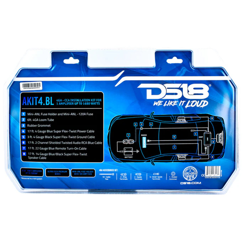 DS18 Amplifier Wiring Installation Kit Blue CCA 4 Gauge Kit Blue 1680W AKIT4.BL