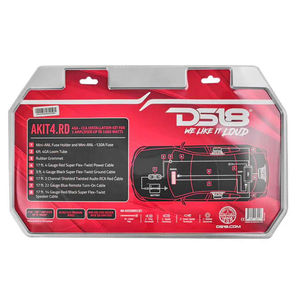 DS18 4 Gauge Amplifier Wiring Kit Installation Red CCA 4 Gauge 1680W AKIT4.RD