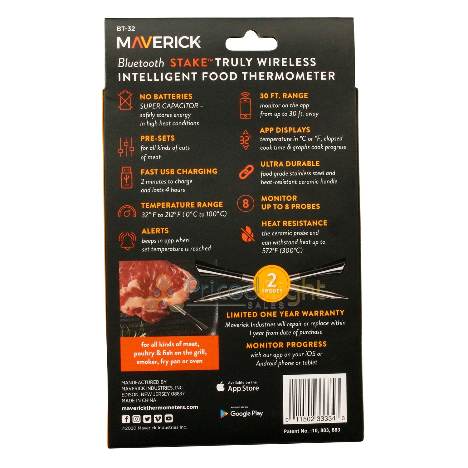 Maverick Stake Wireless Bluetooth Food Thermometer 2 Probes Presets Alerts BT-32