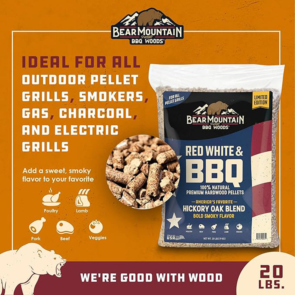 Bear Mountain Red White & BBQ Hardwood Pellets 20lb Bag Hickory and Oak FK51