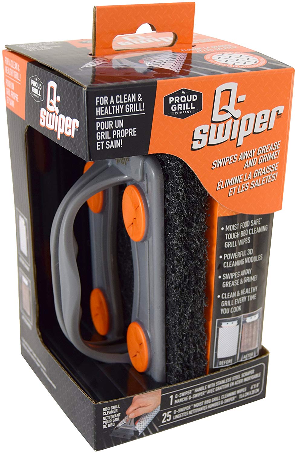 Q-Swiper BBQ Grill Brush Cleaning Set 1 Grill Brush with Steel Scraper 25 Wipes