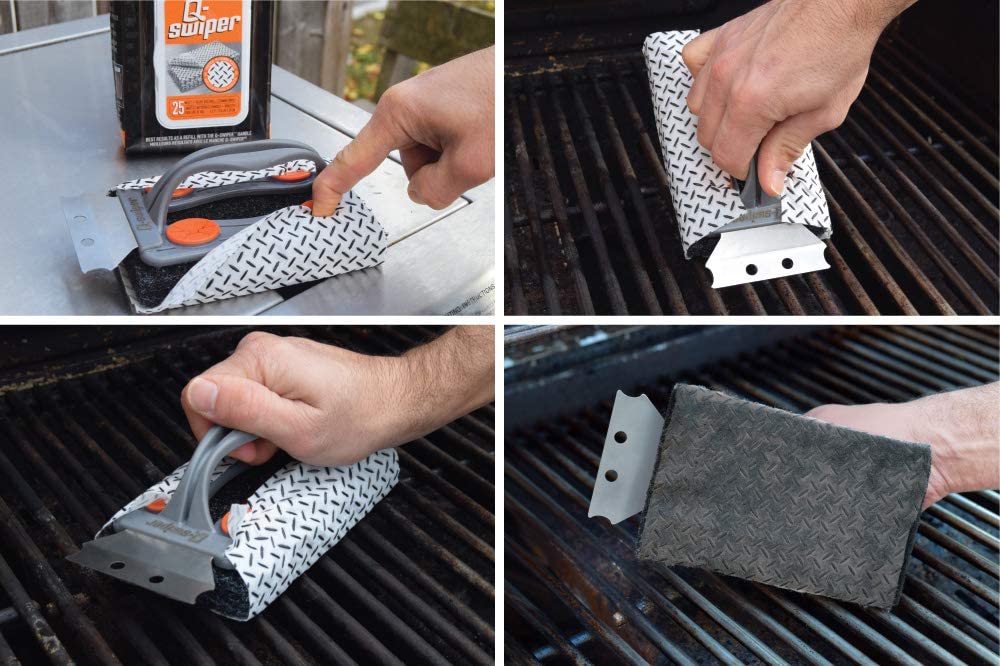 Q-Swiper BBQ Grill Brush Cleaning Set 1 Grill Brush with Steel Scraper 25 Wipes