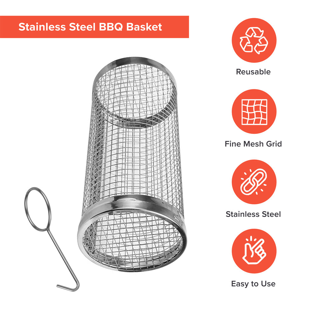 Outdoor Rolling Grill Basket Large BBQ Net Tube Round Mesh Cage Latching Lid