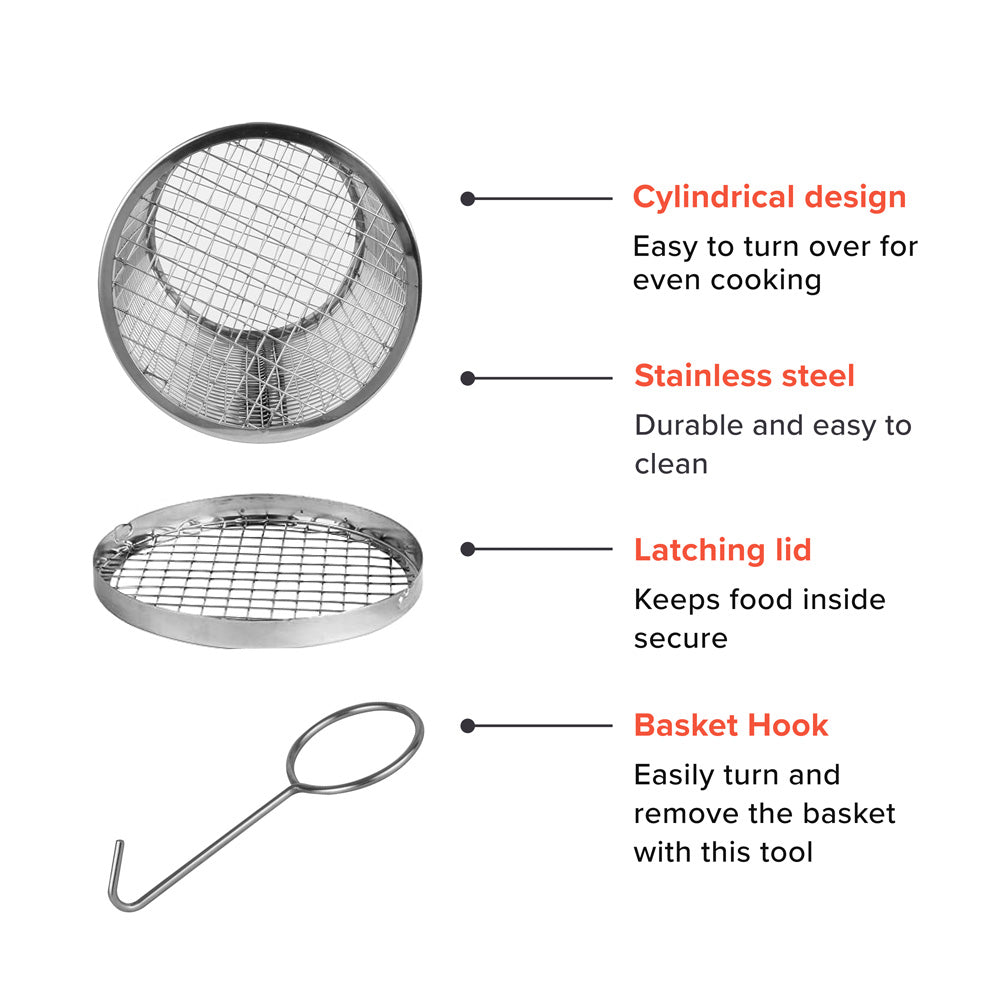 Rolling Grilling Basket BBQ Tube Round Mesh Cage Latching Lid Stainless Steel Sm