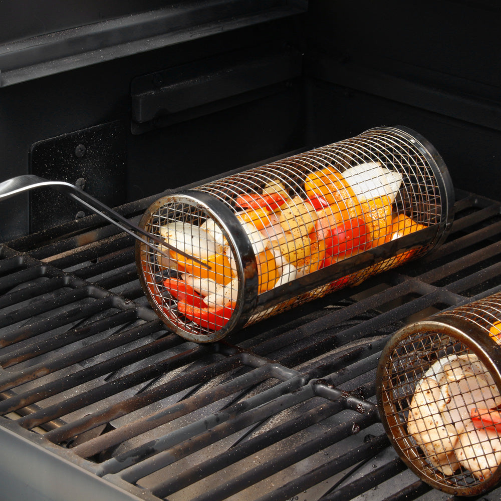 Rolling Grilling Basket BBQ Tube Round Mesh Cage Latching Lid Stainless Steel Sm