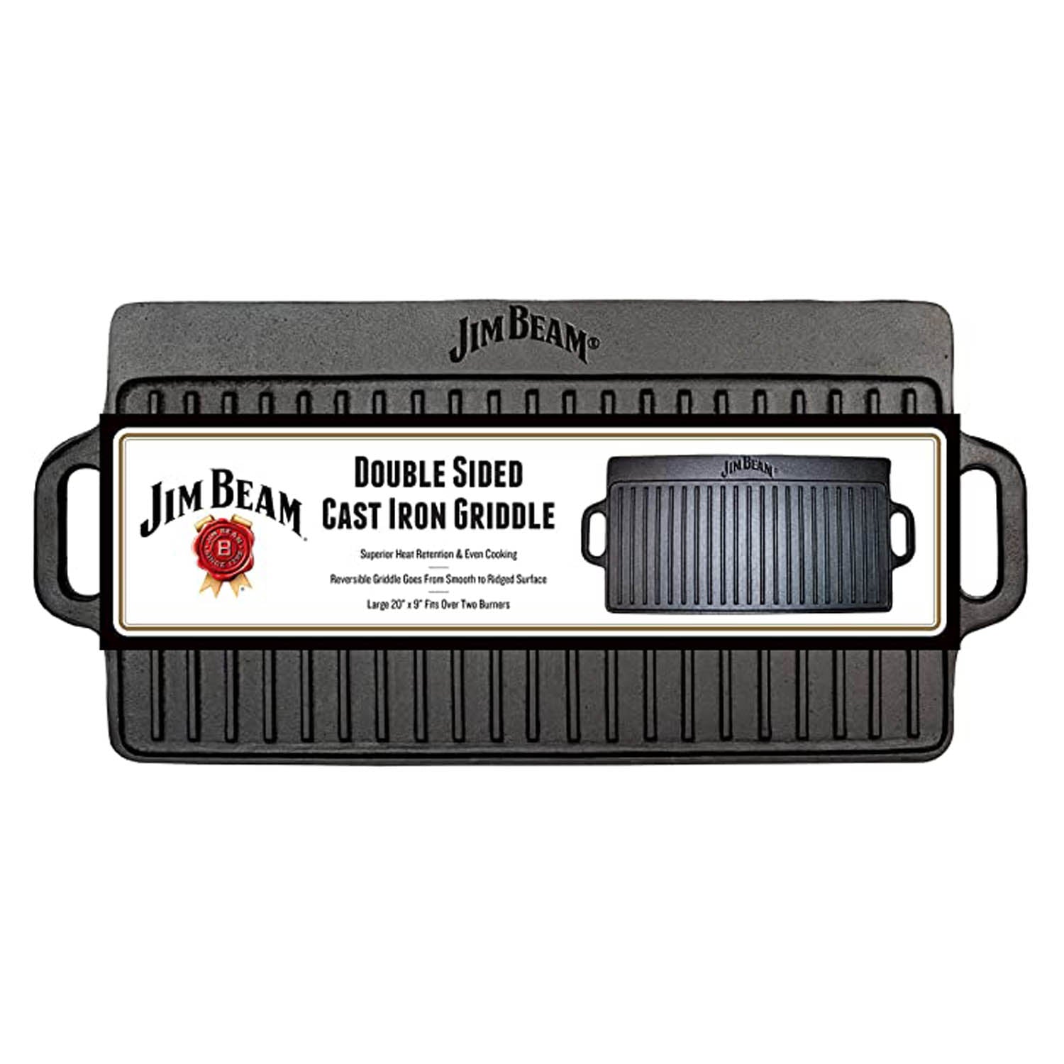 Jim Beam Pre Seasoned Heavy Duty Double Sided Cast Iron Griddle Pan Black JB0168