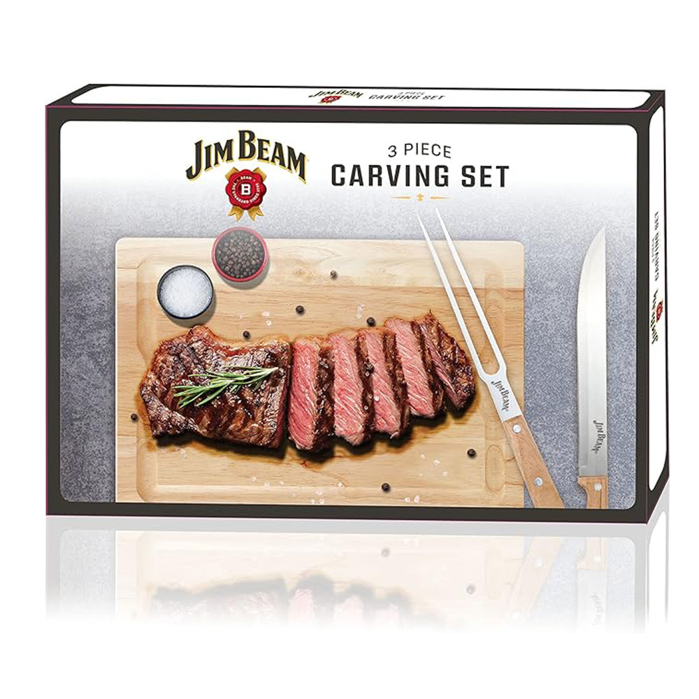 Jim Beam 3-Piece Carving Set Stainless Steel Utensils Durable Parawood Board