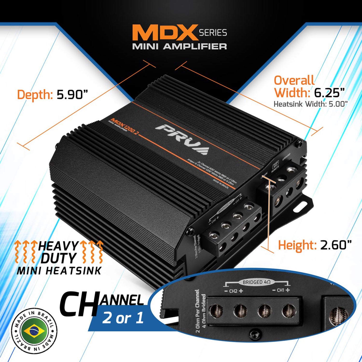 PRV Audio MDX1200.2 2 Ohm 2 Channel 1200W RMS Full Range Ultra Compact Amplifier