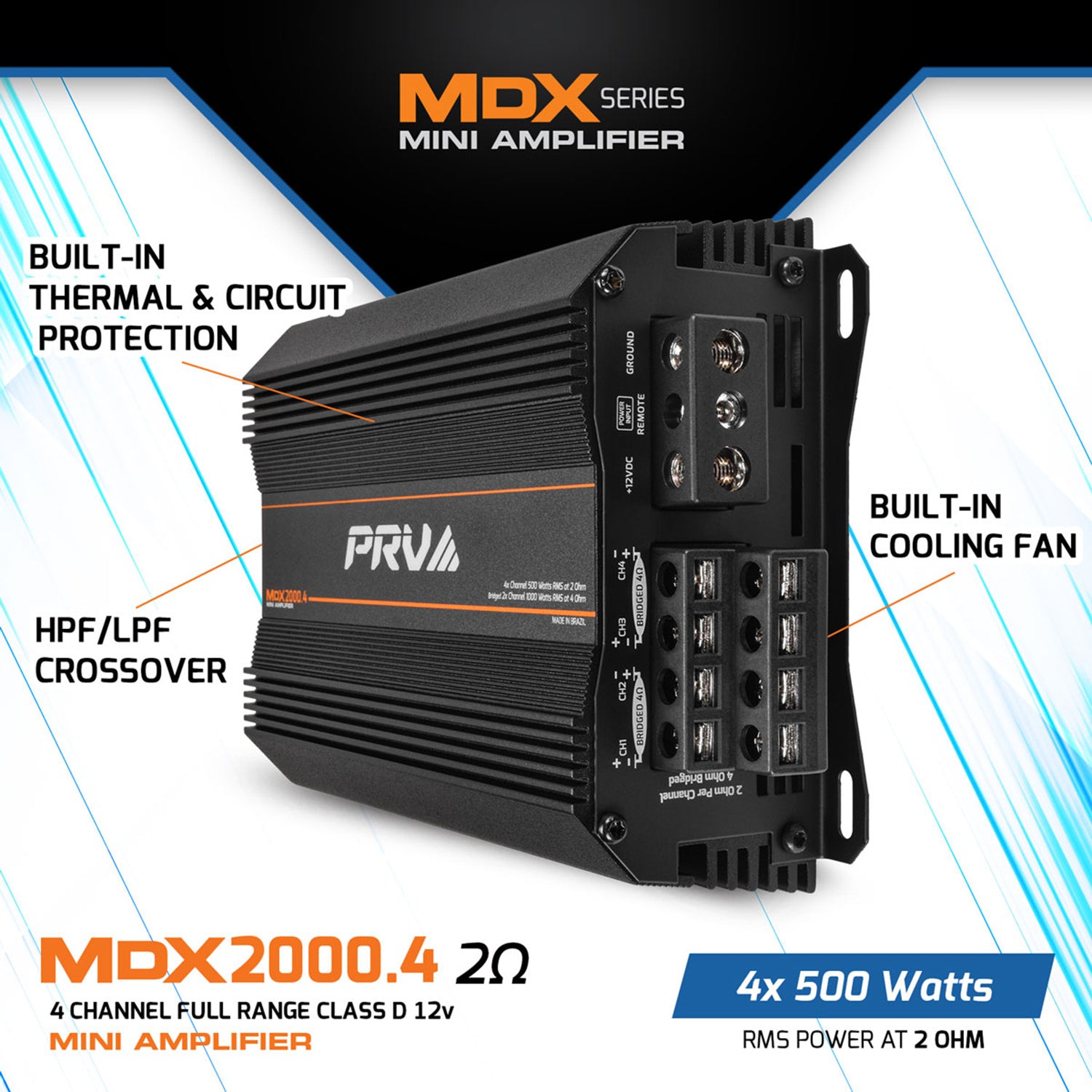 PRV Audio MDX2000.4 2 Ohm 4 Channel 2000W RMS Full Range Ultra Compact Amplifier