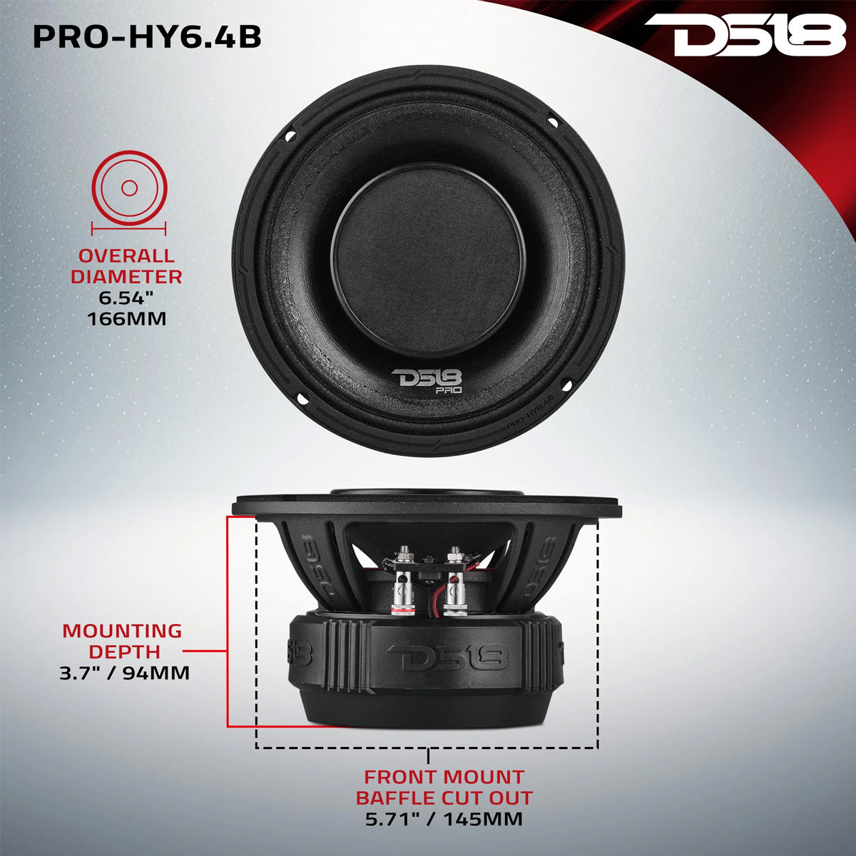 DS18 6.5" Mid Range Speakers Hybrid with Built In Driver 4 Ohm PRO-HY6.4B Pair