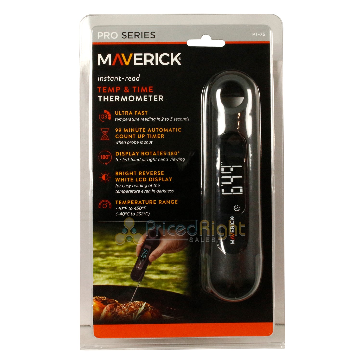 Maverick Instant Read Temp & Time Foldable Digital Thermometer Rotating Display