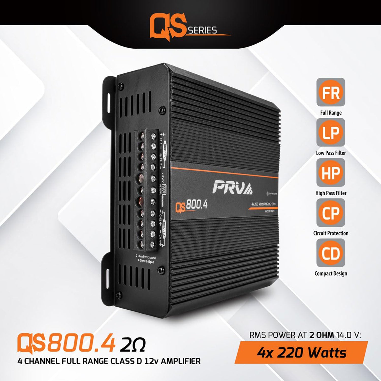 PRV QS800.4 2 Ohms 4 Channel Full Range Amplifier 4 x 220W RMS Power at 2 Ohm