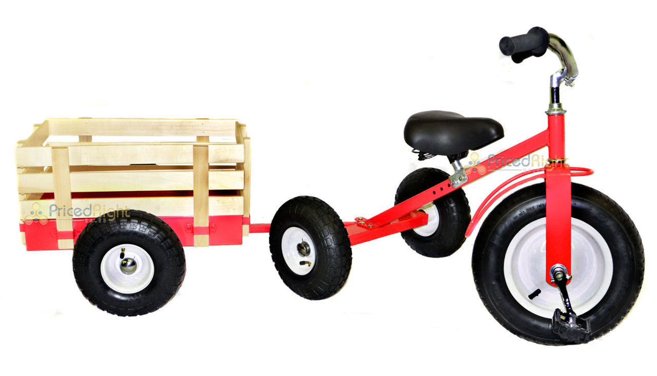 All Terrain Red Tricycle with Wagon Trike Set Pull Along Toy Outdoors Kids Pedal