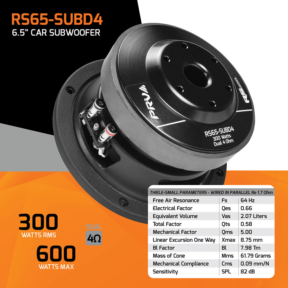 PRV 6.5" Subwoofer 300W RMS 600W Peak Dual 4 Ohm Compact Design RS65-SUBD4