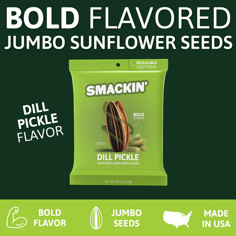 SMACKIN' Dill Pickle Sunflower Seeds 4oz Keto Low Sodium American Made