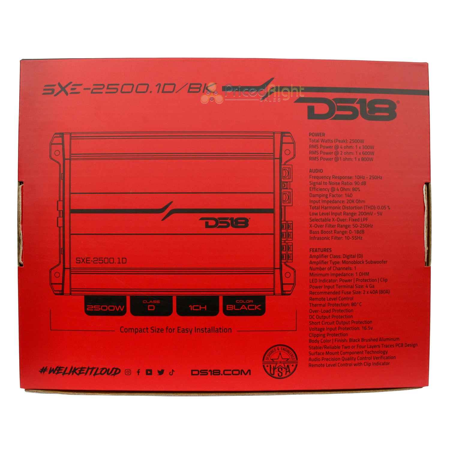 DS18 SXE-2500.1D Class D 1 Channel Monoblock Car Amplifier 800W Rms 2500W Peak