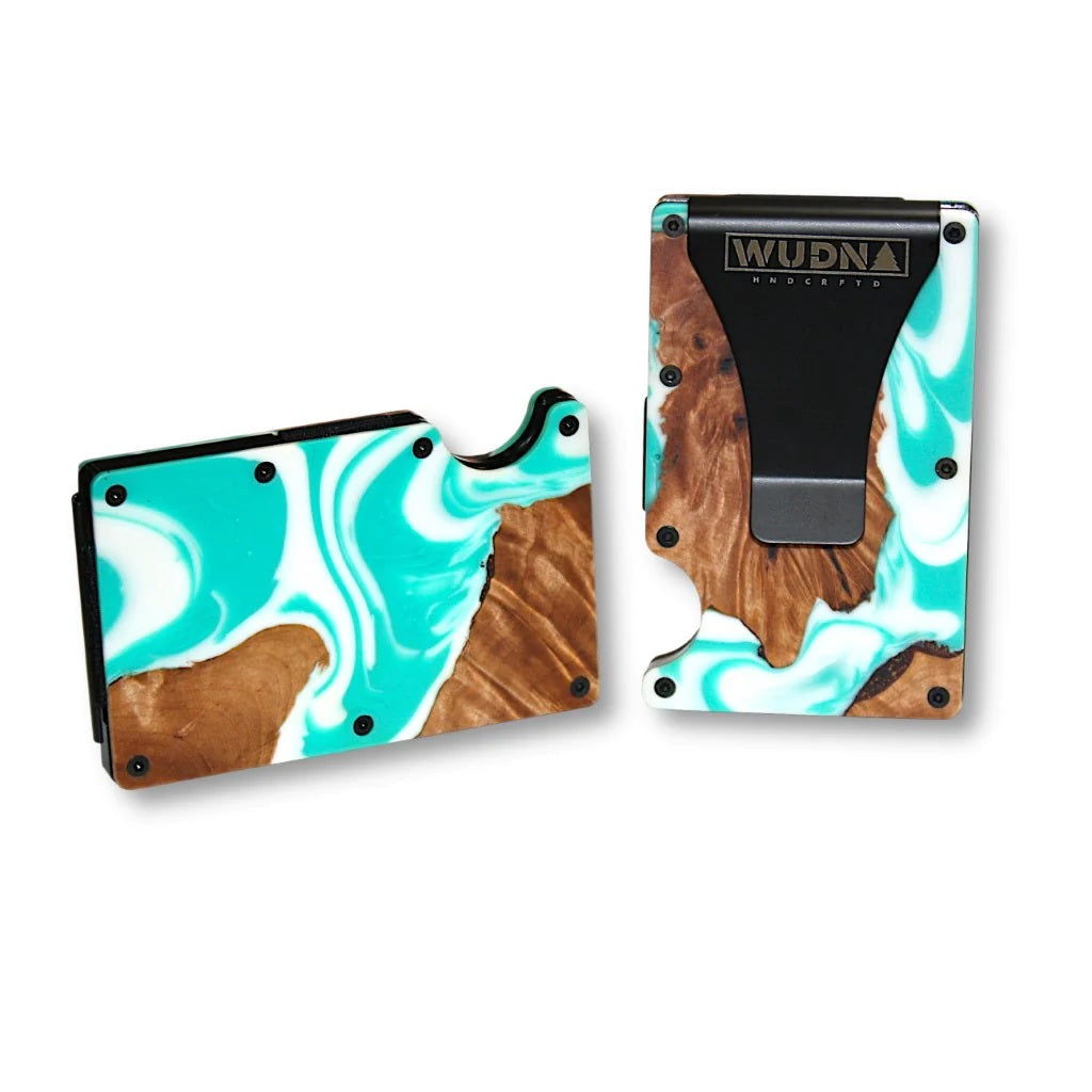 WUDN Adventure Handcrafted Wallet Resin & Wood RFID Money Clip Coastal Teal