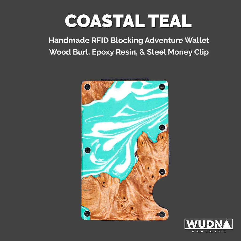 WUDN Adventure Handcrafted Wallet Resin & Wood RFID Money Clip Coastal Teal