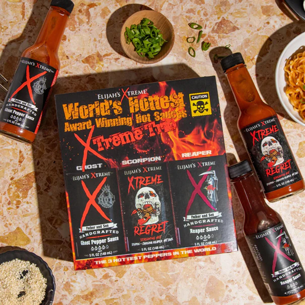 Elijah's Xtreme Trio Variety Hot Sauce Pack Reaper Ghost Pepper Regret XTVPHS