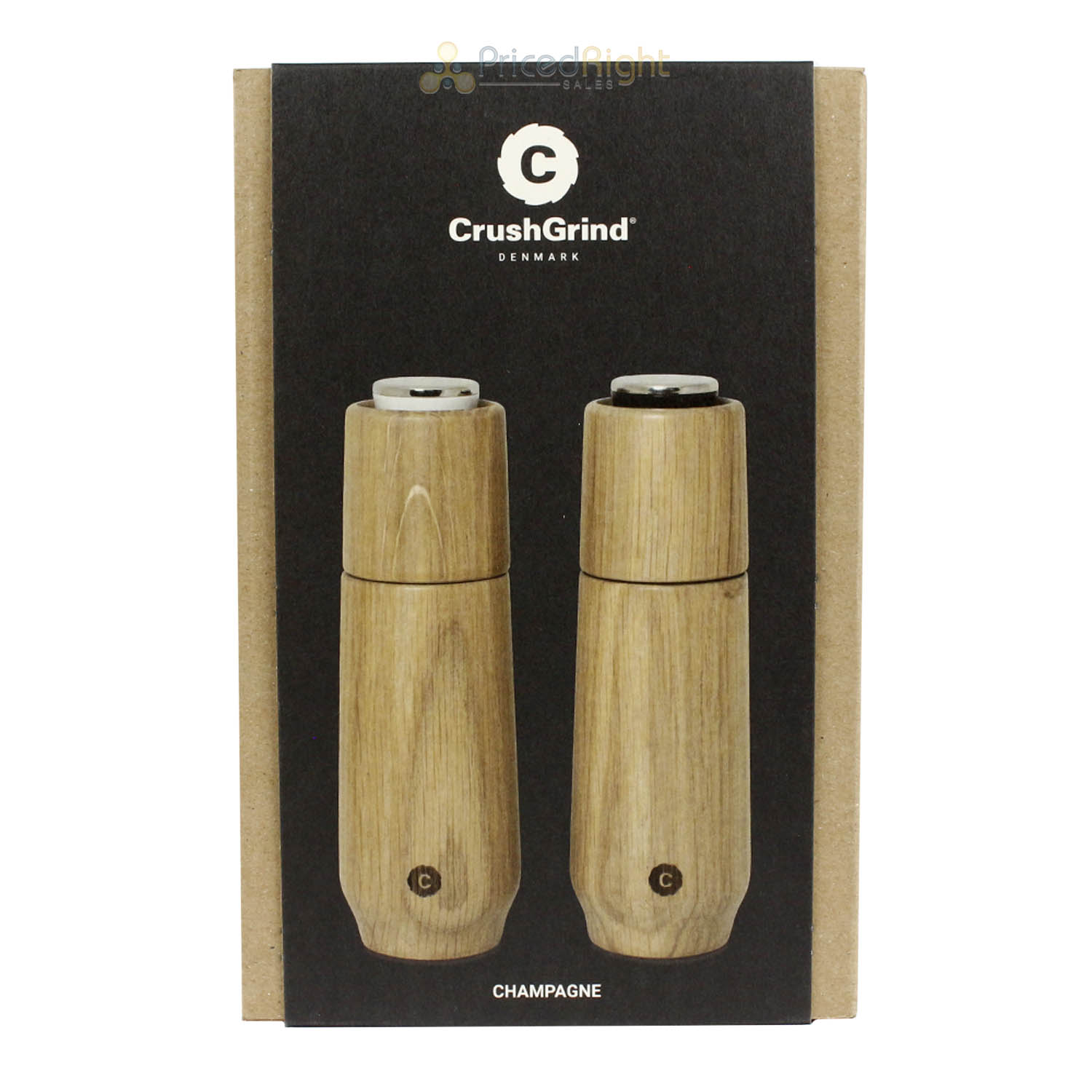 CrushGrind Champagne Salt Pepper Spice Mill 2 Pc Set Ceramic Grinder Oak 167mm