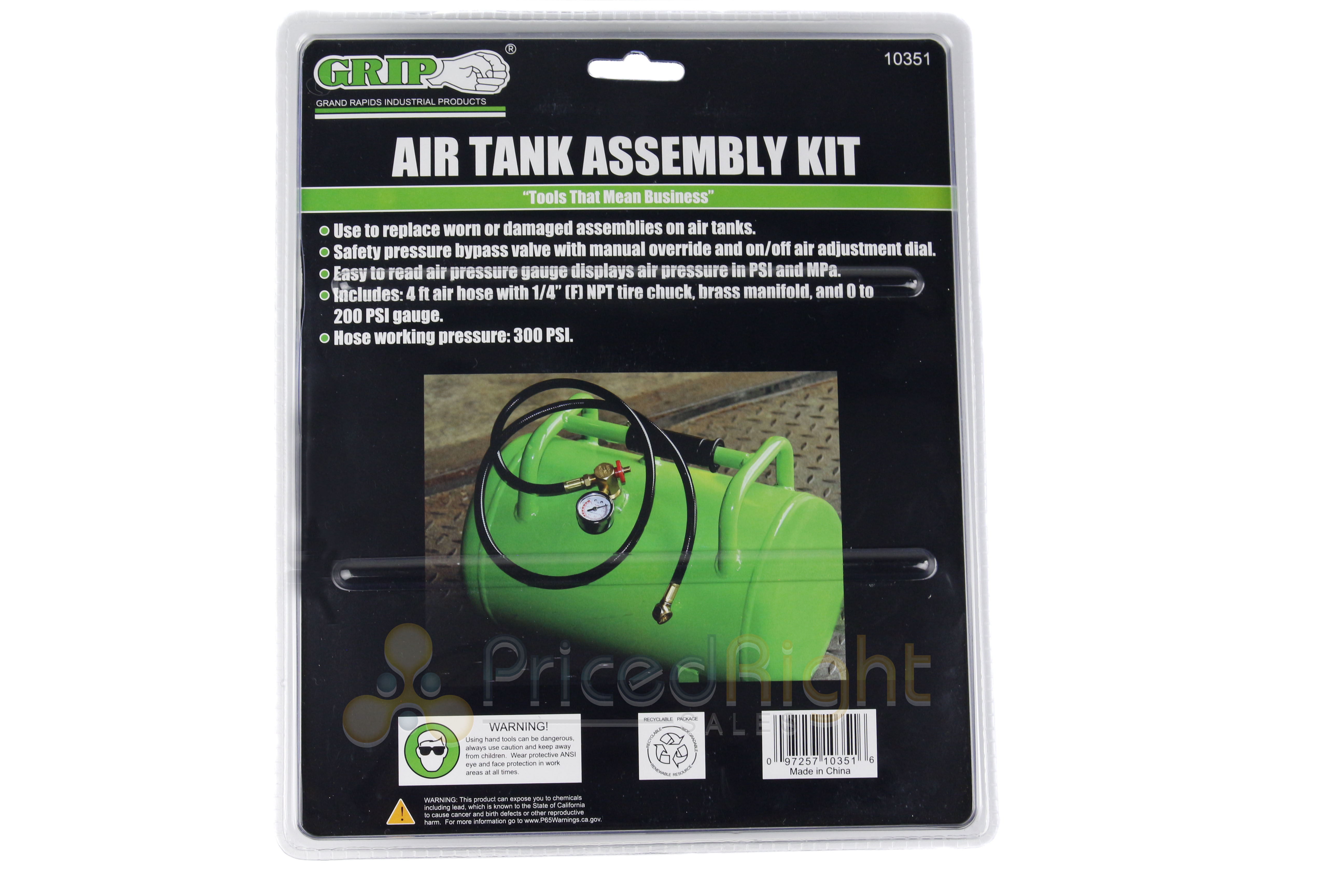 Air Tank Assembly Kit 4 ft Hose 0-200 PSI Gauge 1/4" NPT Tire Chuck GRIP 10351