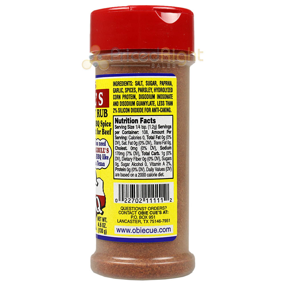 Obie Cue's Texas Brisket Rub BigBull's Beef Steaks Burgers 4.6 Oz Shaker Bottle