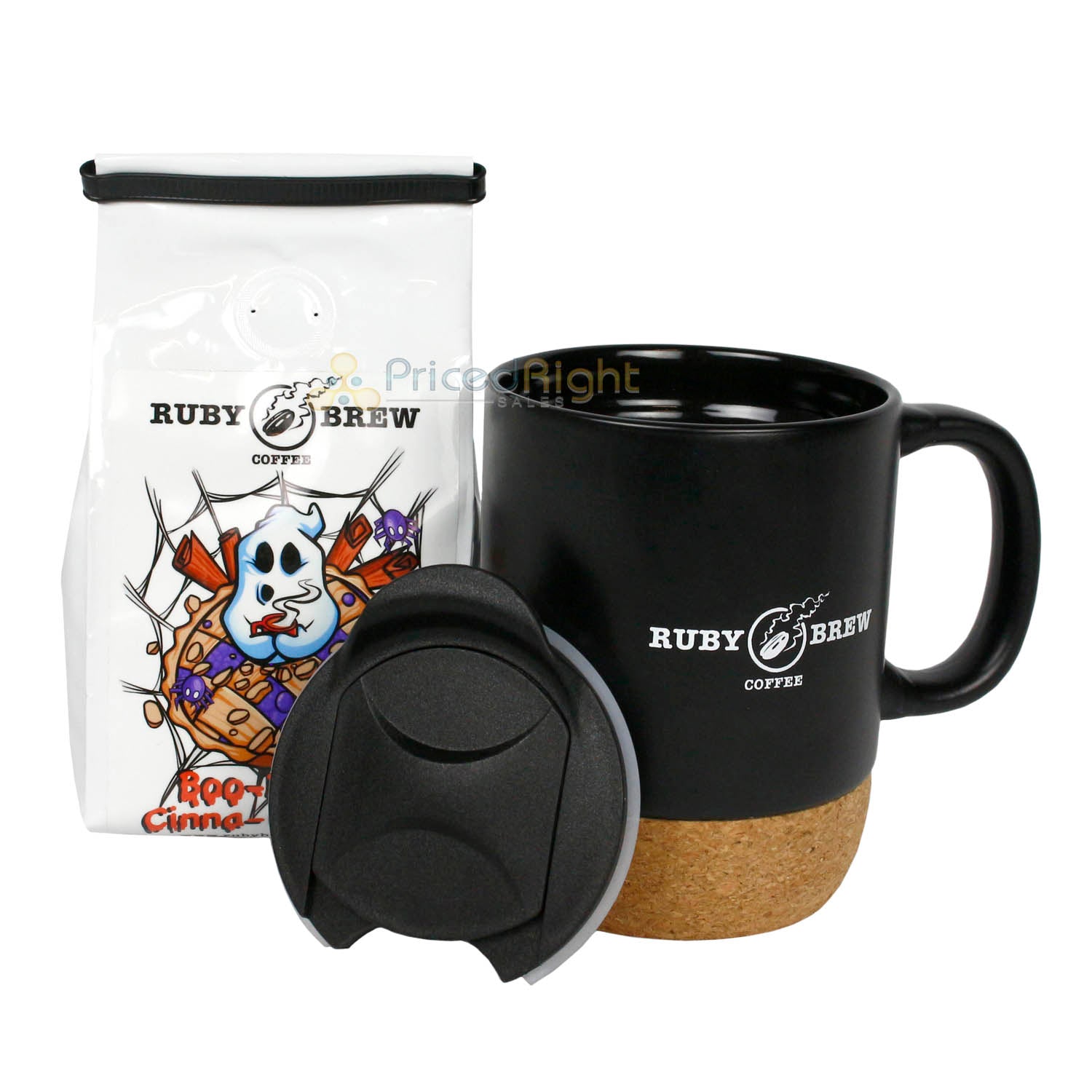 Ruby Brew Cork Bottom Ceramic Modern Coffee Mug w/ Splash Proof Lid Black 12 oz