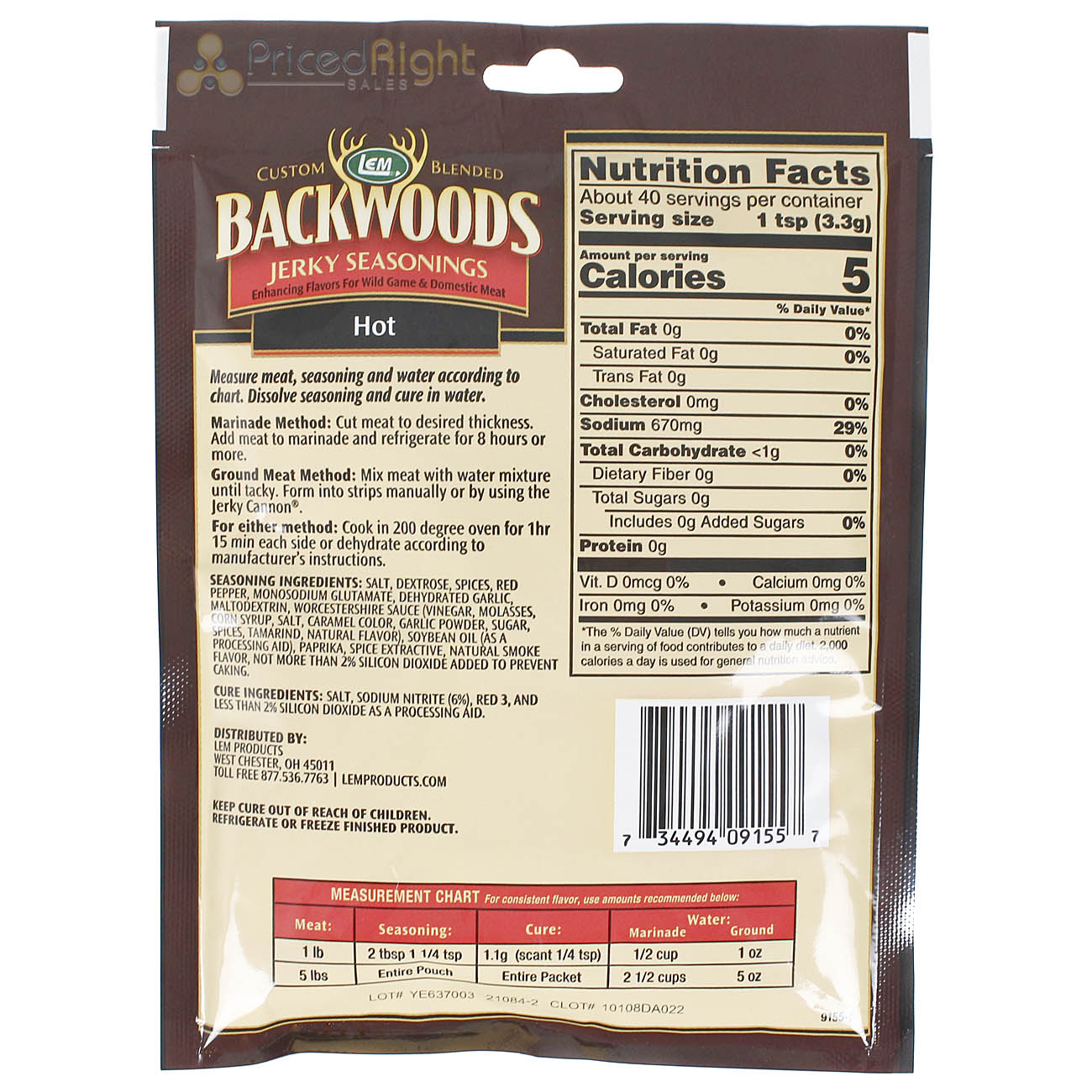 Backwoods 4.7 Oz Hot Jerky Seasoning and Cure Packet Makes 5 Lbs of Meat 9155