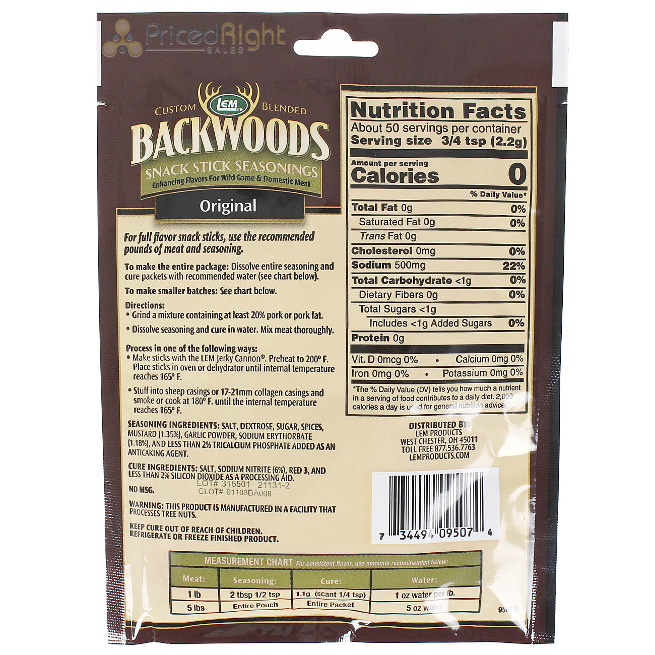 Backwoods 3.9 Oz Original Snack Stick Seasoning Cure Packet for 5 Lbs Meat 9507