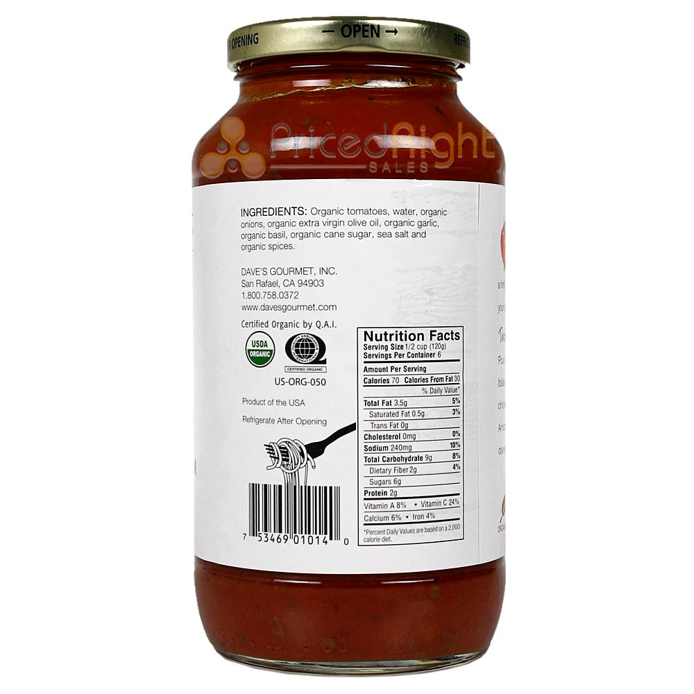 Daves Gourmet Foods Organic Hearty Marinara Pasta Sauce 25.5 Oz Non GMO DAHPS-6