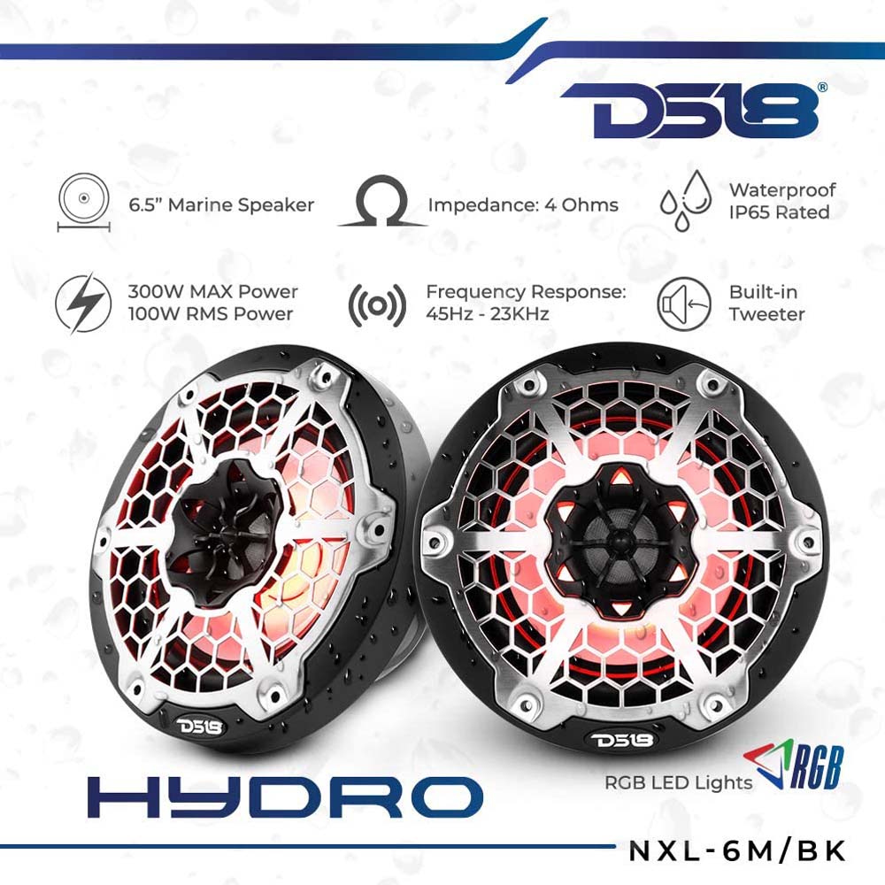 DS18 6.5" Marine Speakers Integrated RGB LED lights 300 Watts Black Hydro Series