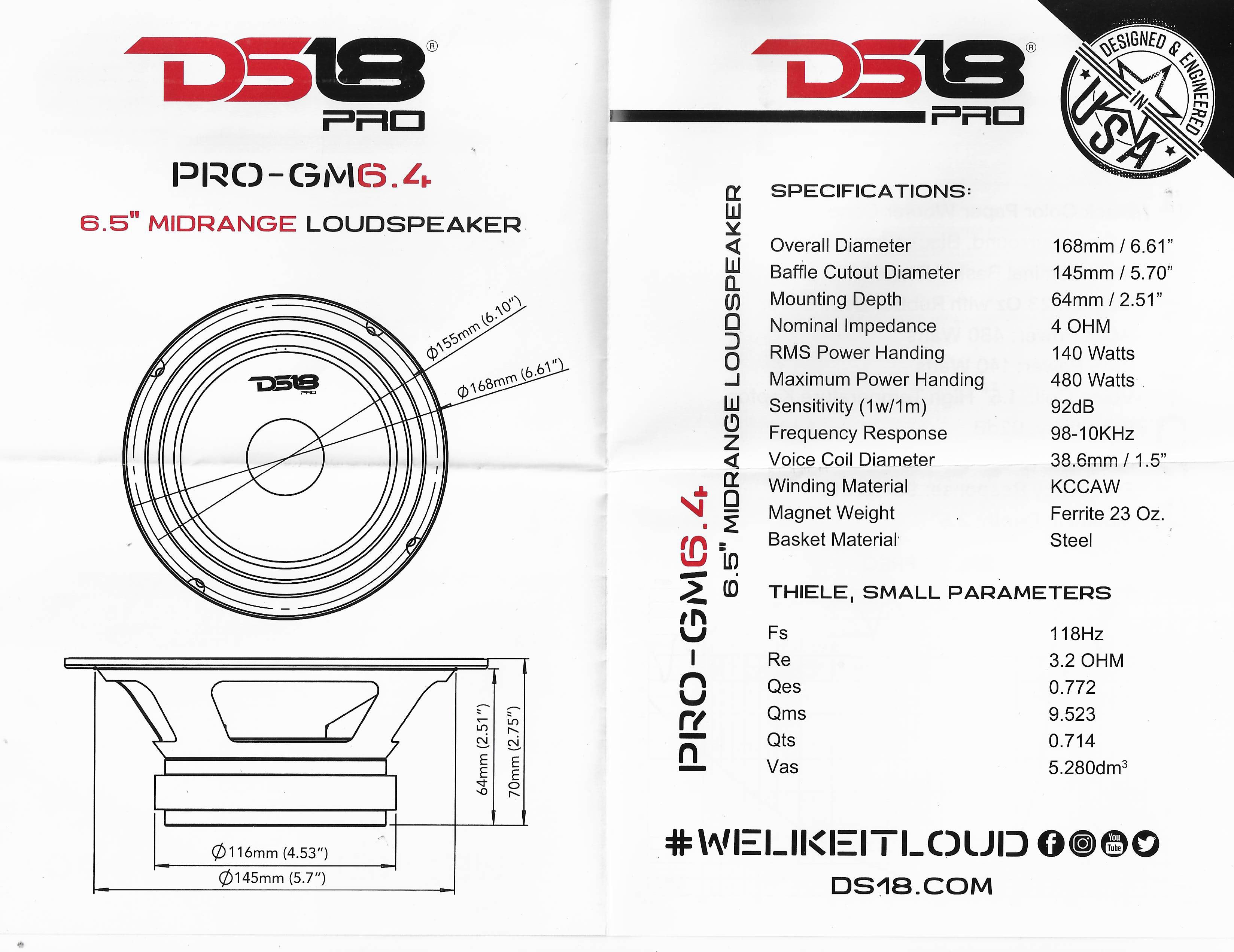 2 Pack DS18 PRO-GM6.4 6.5" Midrange Speakers 4 Ohm 960W Max Mid Range Pair