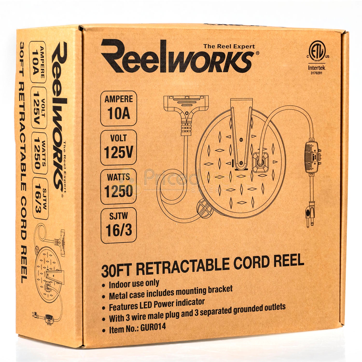 30 Ft Retractable Extension Cord Reel 3 Outlets 16/3 SJTW Cord Metal Reelworks
